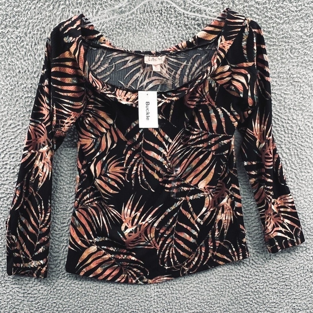 Womens Y2K‎ Tropical Top L Stretch Fitted Going Out Indie Scoop Neck Long Sleeve